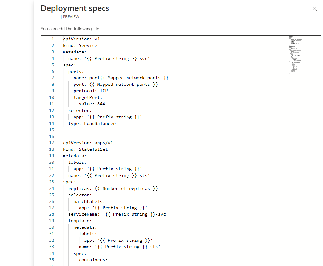 Captura de tela do editor de arquivos de manifesto do Kubernetes nas configurações de destino.