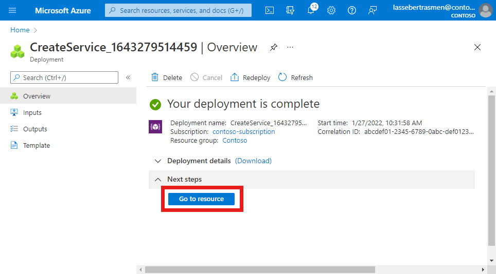 Captura de tela do portal do Azure exibindo a implantação bem-sucedida de um serviço para filtragem de protocolo e o botão Ir para o recurso.