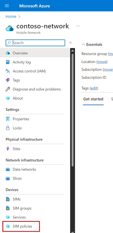 Captura de tela do portal do Azure exibindo a opção Políticas do SIM no menu de recursos de um recurso de Rede Móvel.