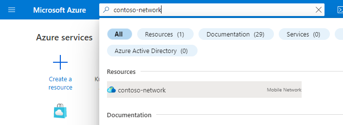 Captura de tela do portal do Azure exibindo os resultados de pesquisa de um recurso de Rede Móvel.