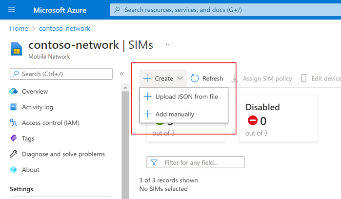 Captura de tela do portal do Azure exibindo o botão Criar e suas opções – Carregar JSON do arquivo e Adicionar manualmente.