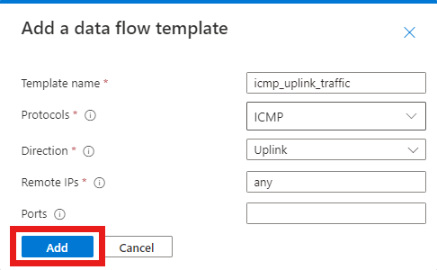 Captura de tela do portal do Azure. O item pop-up Adicionar um modelo de fluxo de dados é exibido e o botão Adicionar está destacado.