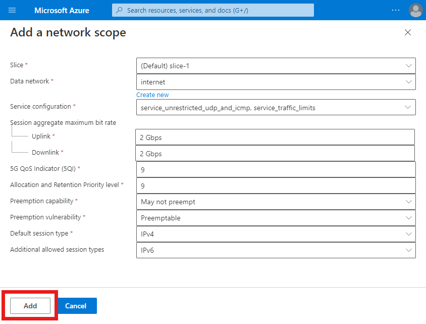 Captura de tela do portal do Azure exibindo a tela Adicionar um escopo de rede. A opção Adicionar está destacada.