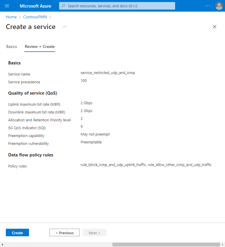 Captura de tela do portal do Azure. Ela exibe a guia Revisar e criar com configuração completa para um serviço para filtragem de protocolo.