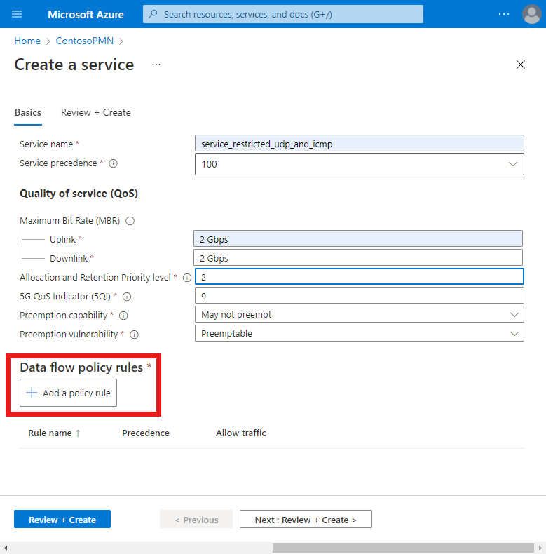 Captura de tela do portal do Azure mostrando a tela Criar um serviço com configuração de filtragem de protocolo. O botão Adicionar uma regra de política está destacado.