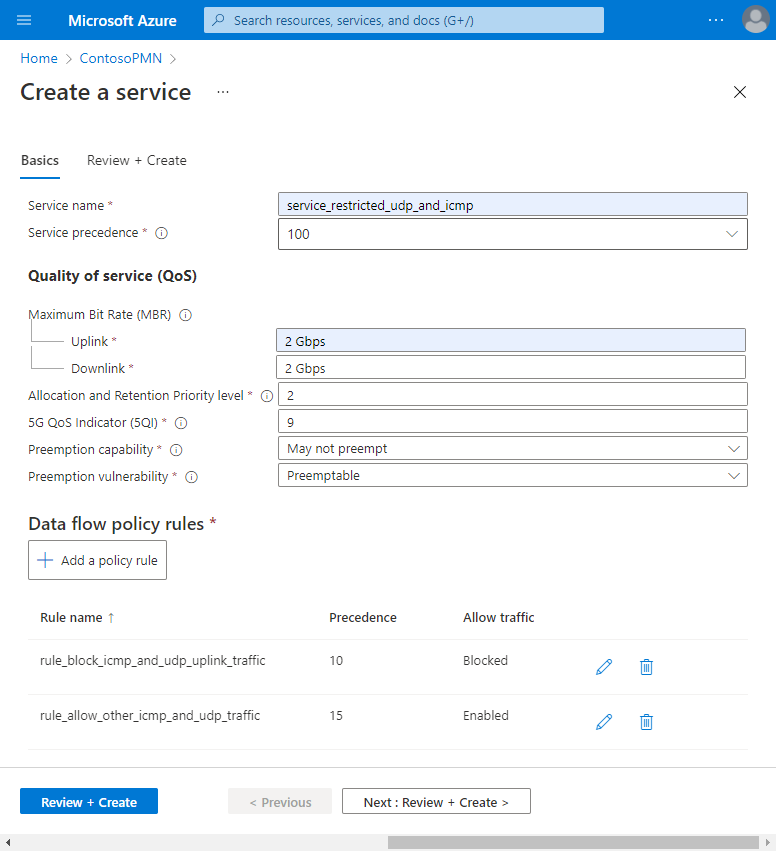 Captura de tela do portal do Azure. Ele exibe a tela Criar um serviço com todos os campos preenchidos corretamente e duas regras de política de fluxo de dados.