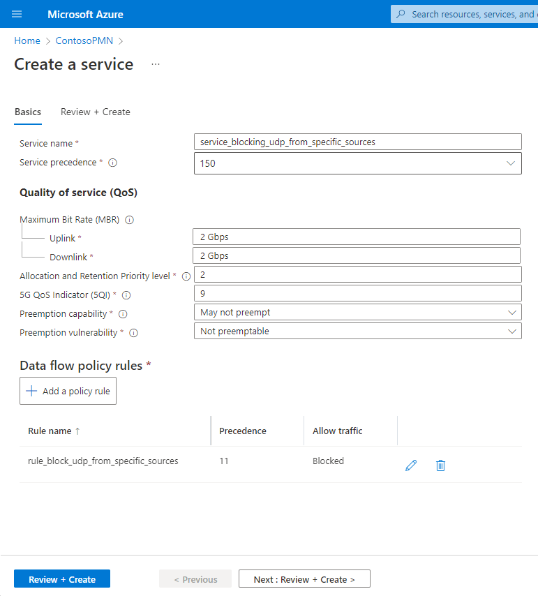 Captura de tela do portal do Azure. Ela exibe os campos completos de um serviço para bloquear o UDP de fontes específicas, incluindo regras de política de fluxo de dados.