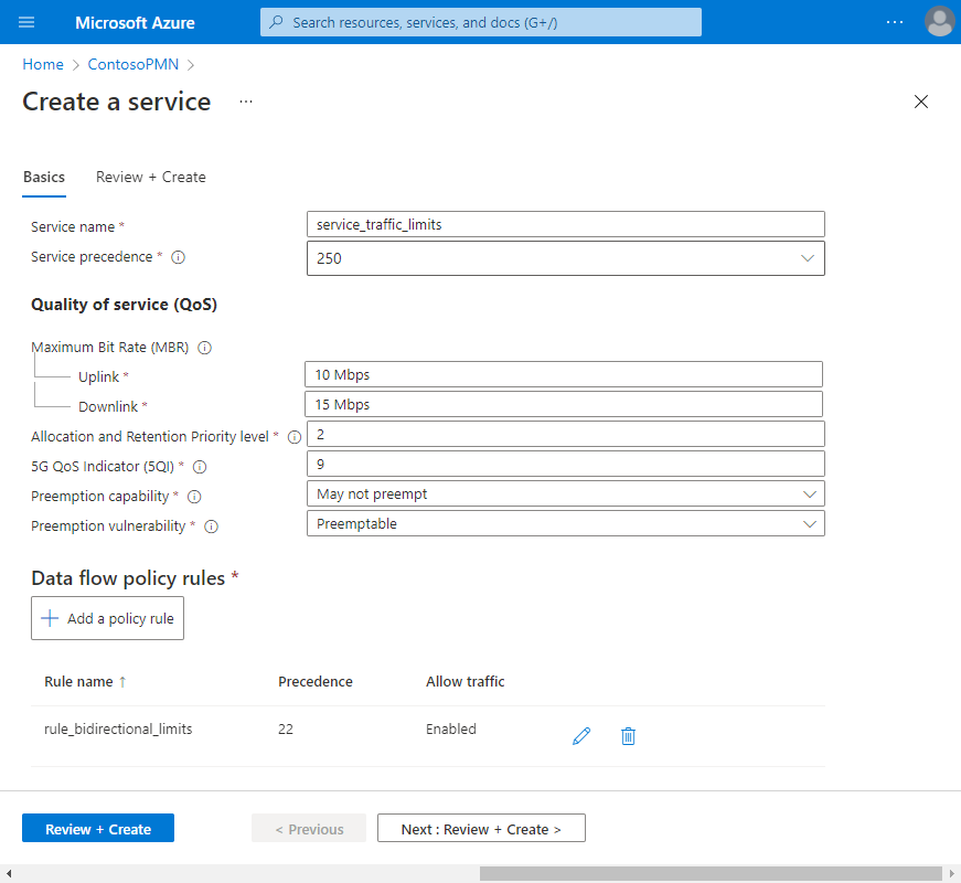 Captura de tela do portal do Azure. Ela exibe os campos completos de um serviço para limitar o tráfego, incluindo regras de política de fluxo de dados.