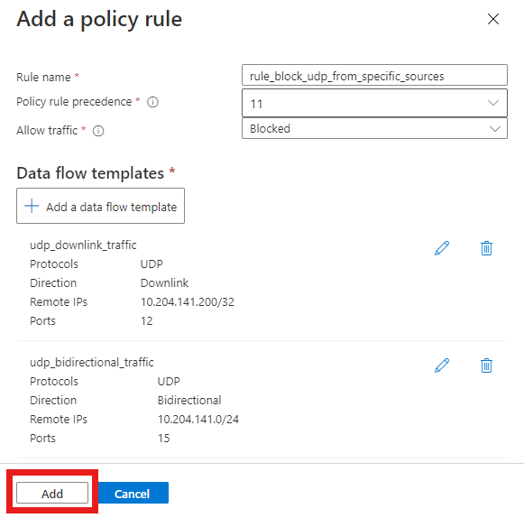 Captura de tela do portal do Azure. Ela exibe a tela Adicionar uma regra de política com configuração para uma regra para bloquear determinado tráfego UDP.