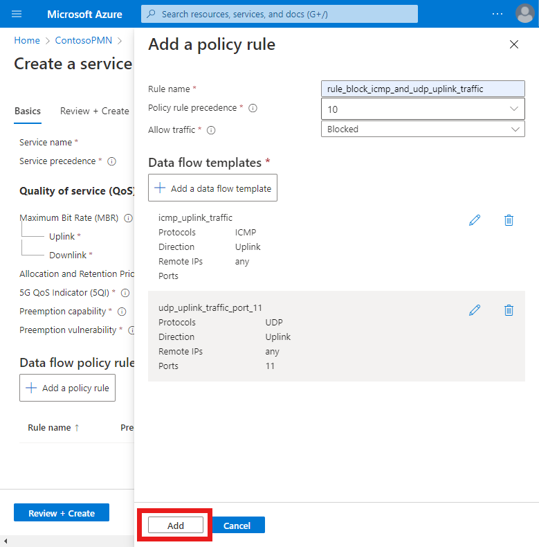 Captura de tela do portal do Azure. A tela Adicionar uma regra de política é exibida com a configuração de filtragem de protocolo e o botão Adicionar está destacado.