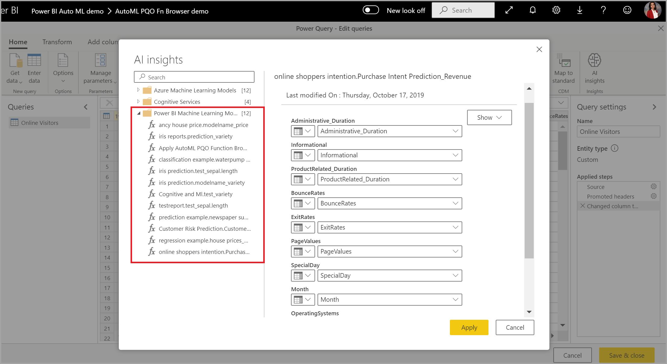 Captura de ecrã da caixa de diálogo AI insights a realçar os Modelos de Aprendizagem de Máquina do Power BI.