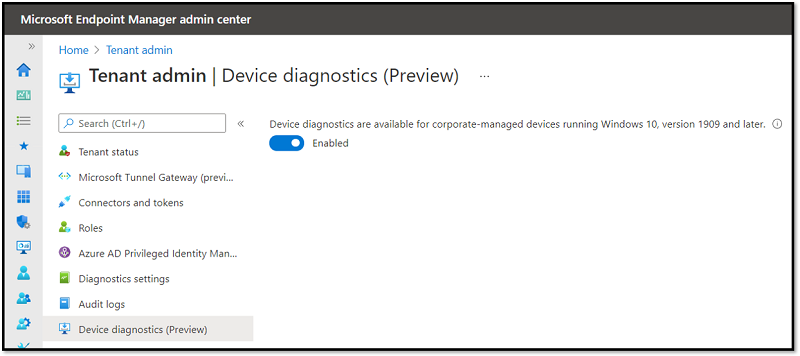 Screenshot of the Device diagnostics (Preview) feature in the MEM admin center