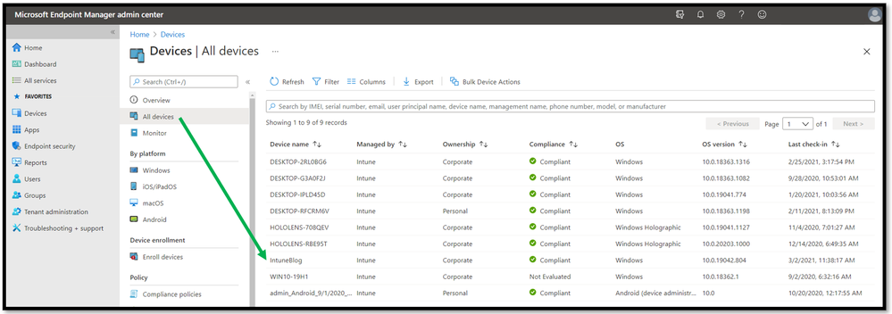 All devices blade in the MEM admin center