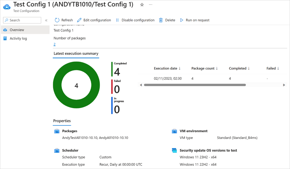 Screenshot of the Test Configuration summary result page showing a list of 2 packages, result summary of the last execution run of the configuration and the run-on request button.