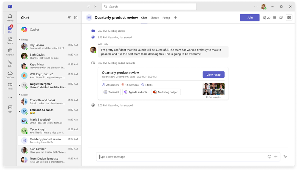 Meeting recap and artifacts automatically shared in chat after meeting.png