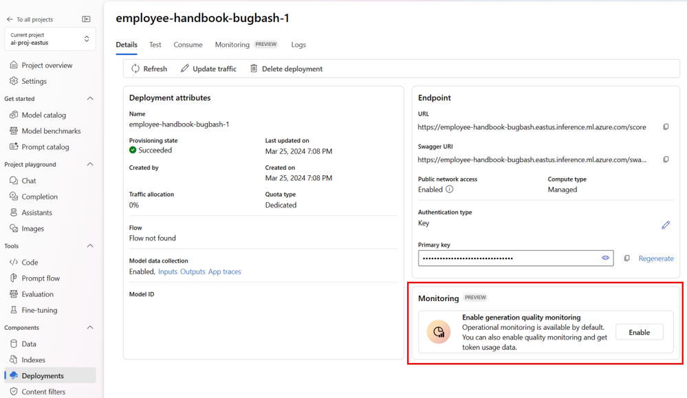 Enable generation quality monitoring for your deployed Prompt Flow Generative AI application.