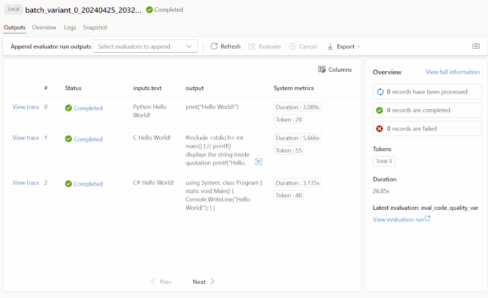 Evaluation and trace in the cloud