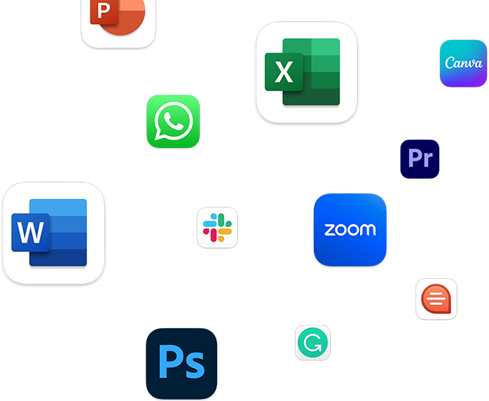 Microsoft PowerPoint, WhatsApp Desktop, Microsoft Excel, Canva: Design, Photo, & Video, Adobe Premiere Pro, Microsoft Word, Slack for Desktop, Zoom, Adobe Photoshop, Grammarly: Writing App ve Quip gibi uygulamalarla uyumluluk gösteriliyor.