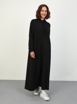 Kangaroo Pocket Hooded Modest Dress Black