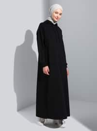 Kangaroo Pocket Hooded Modest Dress Black