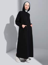 Kangaroo Pocket Hooded Modest Dress Black