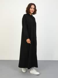 Kangaroo Pocket Hooded Modest Dress Black