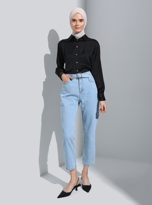 Mom Molded Belt Detailed Jeans Ice Blue