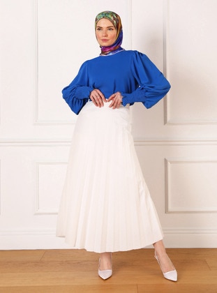 Lined Pleated Full Length Skirt 95 cm - Ecru - Refka Woman