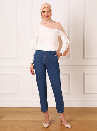 Natural Fabric High Waist Jeans With Fringe Detail İn Indigo