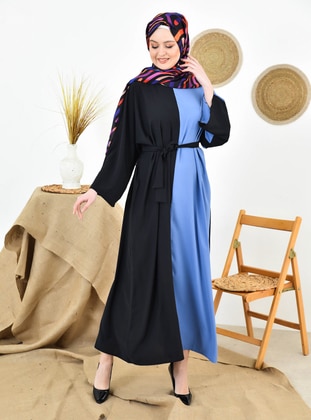 Indigo - Black - Unlined - Crew neck - Abaya - Filizzade