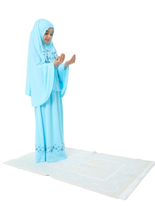 Girl's Prayer Dress Star Printed Head Scarf And Prayer Rug Set Turquoise