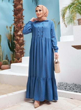 Dark Blue - Unlined - Denim - Tencel - Modest Dress - Neways