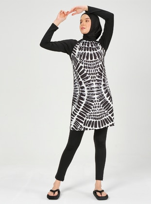 Black - Multi - Full Coverage Swimsuit Burkini - Alfasa