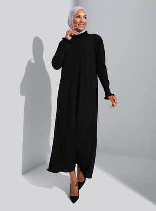 Black - Unlined - Polo neck - Knit Dresses - Refka