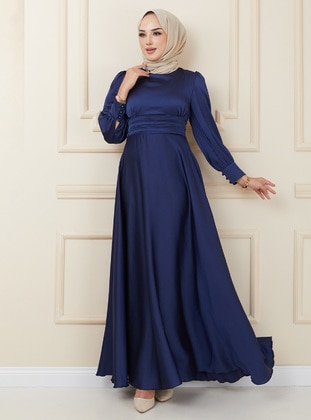 Belt Detailed Hijab Evening Dress With Pleated Detail Navy Blue