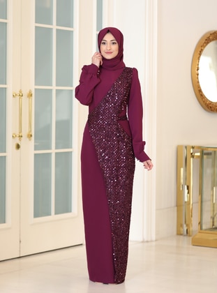 Maroon - Unlined - Crew neck - Modest Evening Dress - Rabeysa