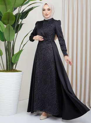 Black - Unlined - Crew neck - Modest Evening Dress - Olcay