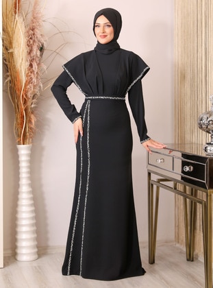 Black - Fully Lined - Crew neck - Modest Evening Dress - Piennar