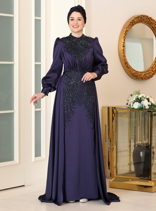 Navy Blue - Fully Lined - Crew neck - Modest Evening Dress - Burak Baran Fashion