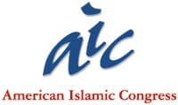 Logo of the American Islamic Congress featuring blue lowercase "aic" letters with "American Islamic Congress" written in red below.