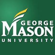 George Mason University logo, featuring the university's name in white letters on a green background, with a yellow and green stylized design above the "M" in Mason.