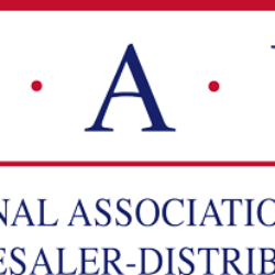 Logo of the National Association of Wholesaler-Distributors, featuring the acronym "N.A.W" in blue letters separated by red dots, with the full name written below.