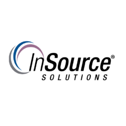 InSource Solutions logo featuring three curved lines in blue, pink, and gray colors, forming a partial circle on the left side.