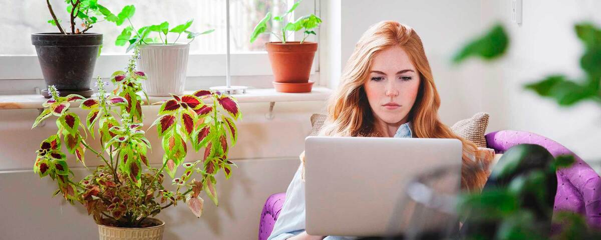 Woman sitting on sofa using her tablet