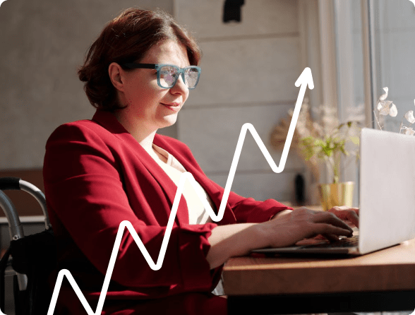 woman working on laptop with NAVEX brand arrow in background 