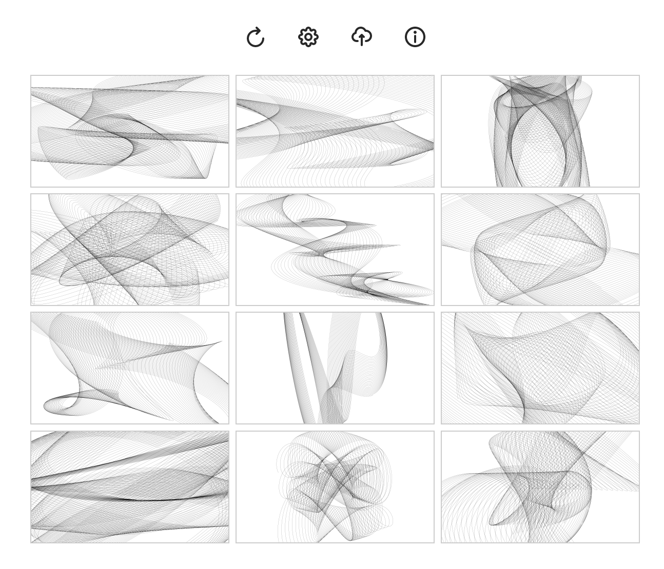 Front page of Flourish, showing thumbnails of harmonographs