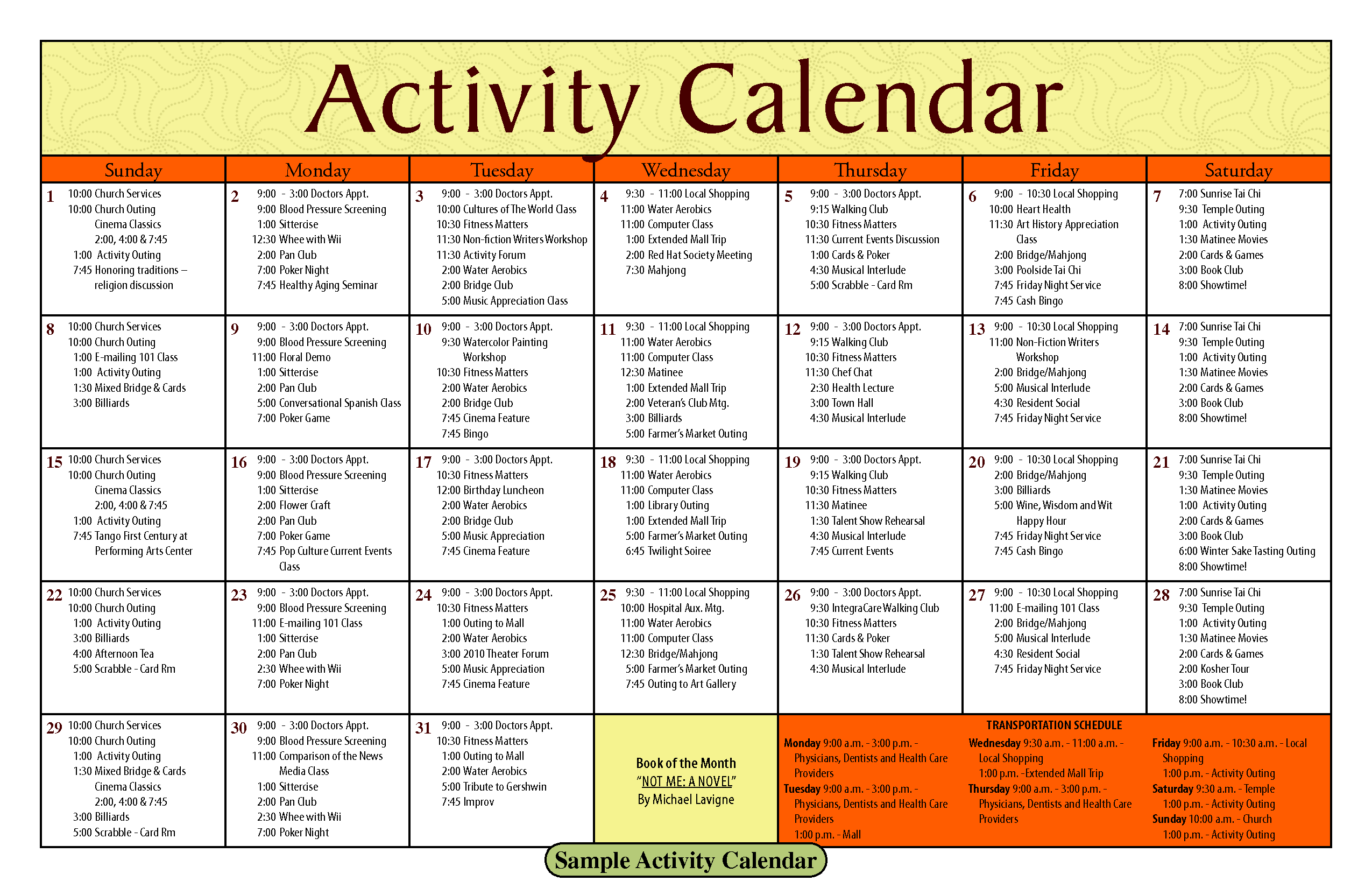 Activity Calendar Template for Seniors