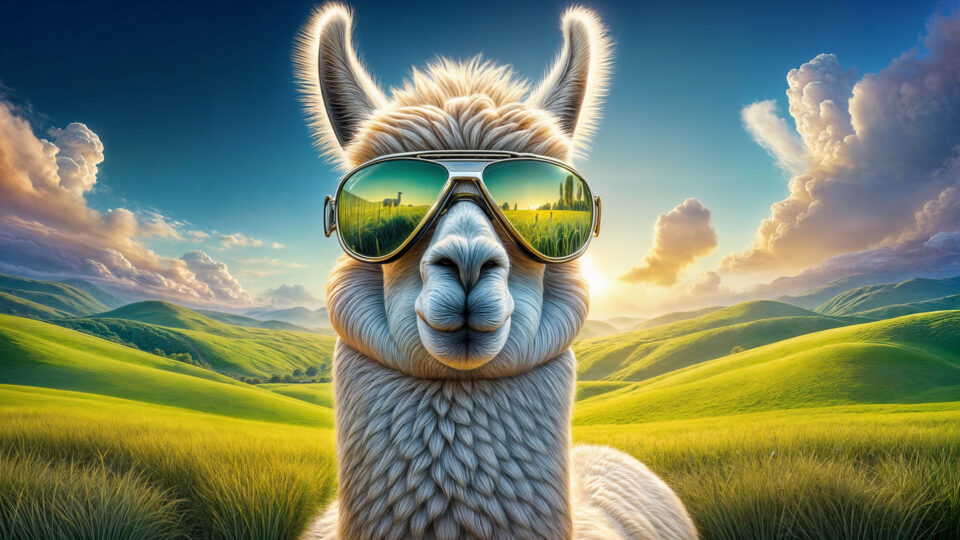 Decorative image of a llama in cool sunglasses against a sunny landscape.