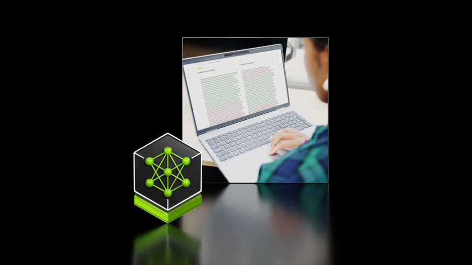 Decorative image of a person looking at a laptop with an overlay of the NVIDIA NIM logo.