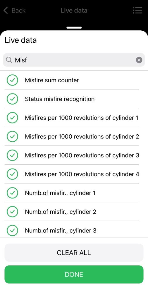 The image shows the OBDeleven "Live data" screen, listing misfire selectable engine parameters for real-time monitoring.